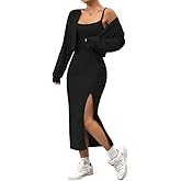 SISKIN 2 Piece Sets for Women, Fall Knit Ribbed Sweater Midi Cami Dress & Cropped Cardigan Long Sleeve Casual Outfits Set