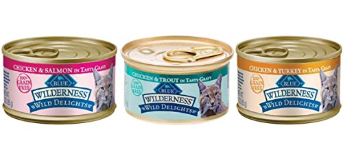 Blue Buffalo Wilderness Wild Delights Grain Free Natural Food for Cats 3 Flavor Variety 6 Can Bundle: (2) Wild Delights Chicken & Turkey In Tasty Gravy, (2) Wild Delights Chicken & Salmon In Tasty Gravy, and (2) Wild Delights Chicken & Trout In Tasty Gravy, 3 Oz. Ea. (6 Cans Total)