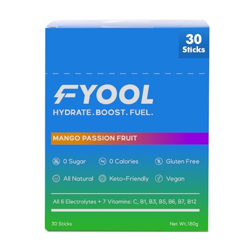 Fyool Hydration Electrolyte Powder | Electrolytes + Vitamins & Minerals | Zero Sugar & Calories | Energy Boost | Gluten-Free | Travel Essentials | Mango Passion Fruit Flavour | 30 Stick Packs