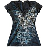 Womens Y2K Gothic Graphic V-Neck Slim Fit T-Shirt Grunge Vintage Short Sleeve Trendy Crop Tops