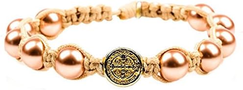 Divine Blessings Rose Gold Bead Bracelet Cream Cord, Gold Medal, BENEDICTINE BRACELET