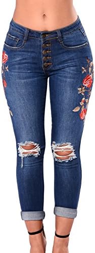 Lady Swain Women's Denim Rose Embroidered Destroyed Frayed Hem Skinny Jeans Frayed Hem Skinny Jeans for Women (XX-Large, Dark Blue)