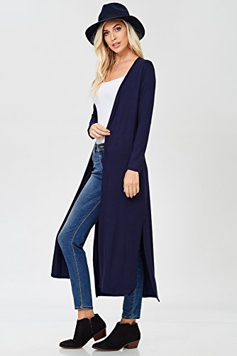 Annabelle Women's Comfy Long Sleeve Open Front Side Slit Plus Size Duster Cardigan with Pockets Navy X-Large T1163B