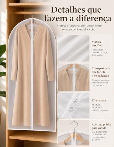 kit 5 Capa Protetora para Roupas com Zíper Transparente 60x120cm – Anti Poeira, Anti Mofo, para Terno, Vestido, Casaco, Jaqueta e Guarda-Roupa (5)