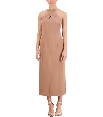 BCBGMAXAZRIA Women's Sleeveless Halter Neck Pleated Evening Maxi Dress, Café, 4 : Clothing, Shoes & Jewelry