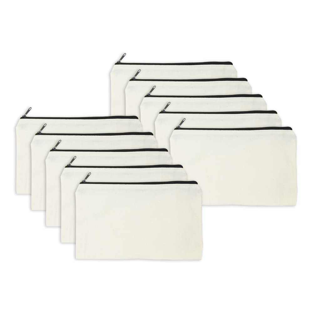 MR.R 10 Pieces Sublimation Blanks 8.4x4.8 inch Canvas Zipper Pouch Bags Craft Bag Canvas Pencil Bag Cosmetic Pouch Makeup Bag For Heat Transfer Printing (Black Zipper)