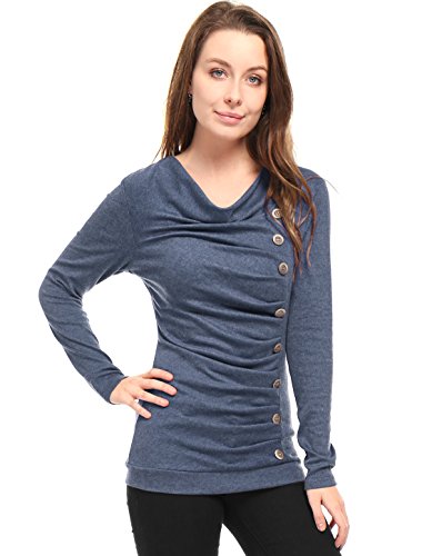 Allegra K Women's Cowl Neck Long Sleeves Buttons Decor Ruched Top Blue XL US 18