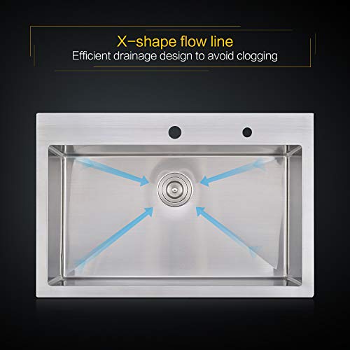 Bokaiya 30" Topmount Kitchen Sink 16 Gauge Stainless Steel Handmade Deep Single Bowl Drop In Sink, 9-Ga Extra Thick Panel 2 Hole Kitchen Sink
