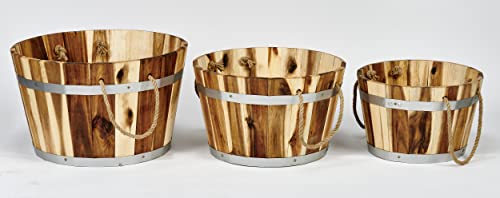 Worth Imports Natural Acacia Wood Barrel Rope Handles, Set of 3 Planter, Multic…