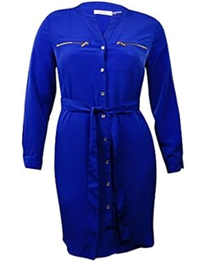 Women's Zipper Pocket Belted Button Up Front Dress