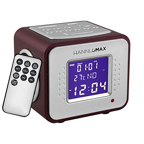 HANNLOMAX HX-113CR Wooden Mini MP3 Stereo System, Alarm Clock Radio, USB Port and SD Card Reader, Built-in Rechargeable Battery, Calendar and Thermometer, Remote Control (Bordeaux)