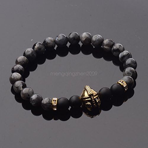 1# Gold - 8mm Women Men Black Lava Stone Gold Silver Spartan Helmet Bracelet Beaded Charm
