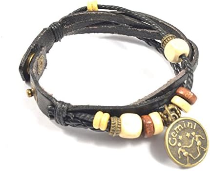 Gemini Astrology Horoscope Bracelet Fashion Jewelry Made of Braided Leather with Brass Zodiac Charm and Adjustable 2-Snap Fastener is Unisex for Men and Women (Gemini)