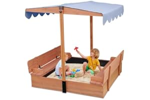 FunXplore Wooden Sandbox with Lid Kids Sand Box with Cover Outdoor Sand Pit, 2 Foldable Bench Seats, Adjustable Canopy, Gift 