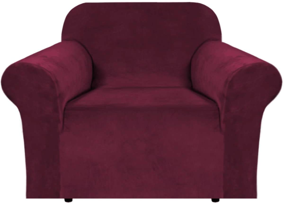 BellaHills Real Velvet Stretch Sofa Covers Couch Covers Sofa Slipcovers Furniture Protector for Sofas | Form Fitted with Elastic Bottom, Ultra Thick Soft Non Slip Covers (1 Seater, Burgundy)
