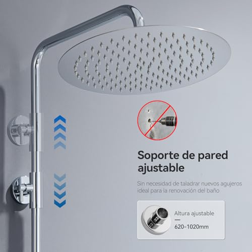 Auralum Columna Ducha sin Grifo, Set de Ducha con Cabezal de Ducha Lluvia 25×25 cm Acero Inoxidable, Alcachofa, Barra de Ducha Altura Regulable 68-108cm,válvula desviadora de Latón, Cromo