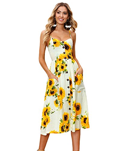 Poptem Womens Midi Dress V-Neck Floral Spaghetti Strap Summer Beach Sundresses