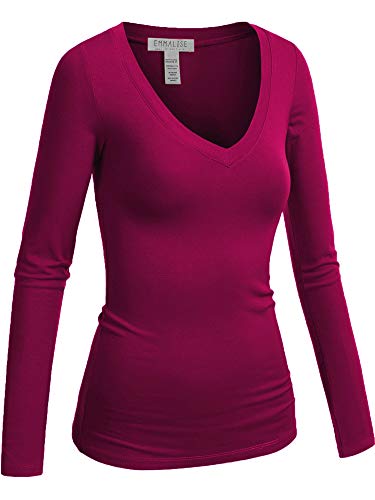 Emmalise Women's Casual Basic V-Neck Tshirt Long Sleeves Tee Top - Magenta, S