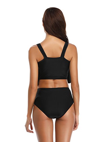 LALAVAVA Womens High Waisted Bikinis Set Cute Ruffle Bikini Top Swimsuits (Solid Black, XL)