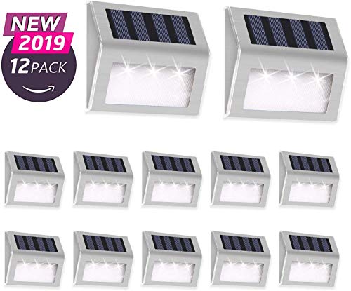 Otdair Solar Deck Lights, 3 LED Solar Step Lights Outdoor Auto On/Off Stainless Steel Solar Stair Lights Waterproof Wireless Solar Powered Lights for Fence Patio Garden Pathway - White Light 12 Pack