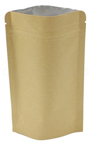 100 Pack - CleverDelights Kraft Stand-Up Pouches - 2oz - 4" x 6" x 2" - Foil Lined with Zipper Lock