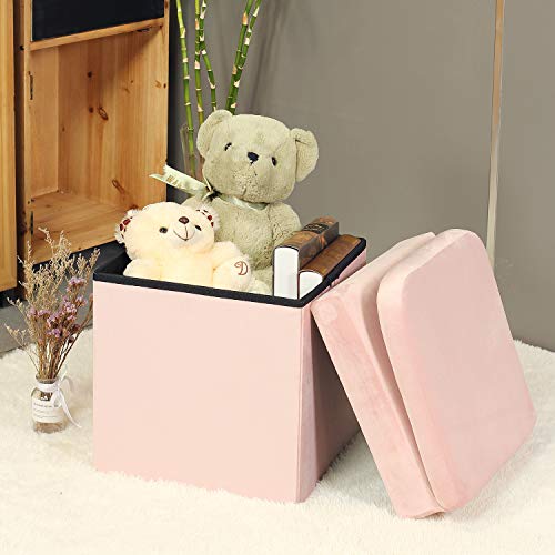 B FSOBEIIALEO Storage Ottoman with Seat Back, Velvet Ottoman Storage Chair for Vanity, Folding