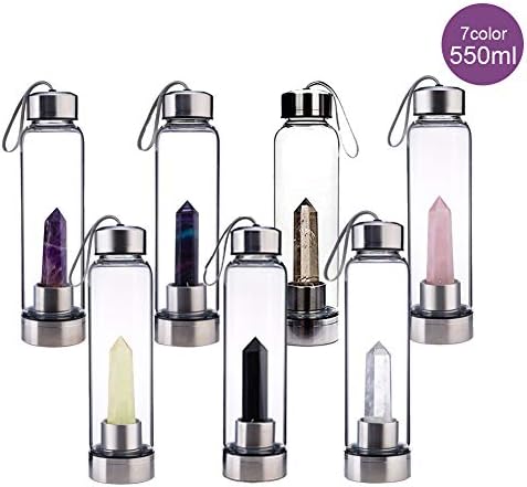 HOMEJU 2019 Crystal Glass Water Bottle, Water Bottle with Gemstone Center Crystal Elixir Bottle with Natural Crystal Point Healing Obelisk Wand Energy Cup, 1 Pack