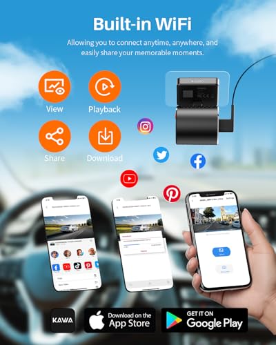 KAWA 2K 1296P QHD Mini Car Camera, Voice Control Dashcam, G-Sensor, Free 32GB TF Card, Built-in WiFi, APP Control, WDR/3D DNR Night Vision, 24H Parking Mode