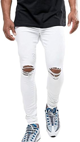 WHCET RBKY Men's Junior Ripped Distressed Stretch Fashion Skinny Jeans Denim Pants White 30