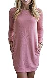 Women's Casual Solid Color Long Sleeve Crew Neck Sweatshirt Mini Dress For Fall Rose Red,XL