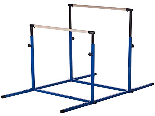 Nimble Sports Kids Blue Parallel Bars with Blue and Light Blue Gymnastics Tumble Mat Combo for Home