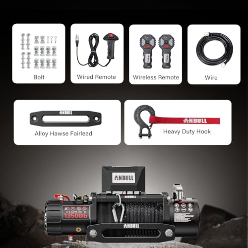 Anbull Electric Winch 12 V 13500 LBS/6150 kg, Synthetic Rope 9.5 mm x 26 m, IP67, 6.6 HP, Compatible with 4X4, Quad, Crosser, 4X4 Off-Road Jeep, Toy, Boat Trailer