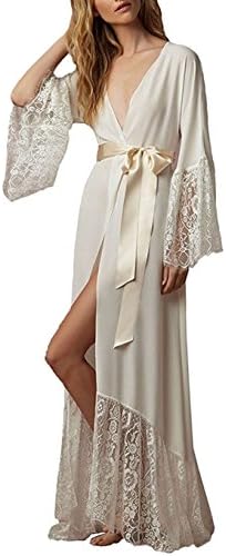 Dannifore Women's Long Sleeve Bridal Sleepwear Full Length Nightdress with Satin Sash