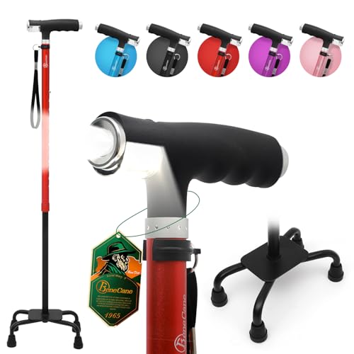 BeneCane Walking Sticks for women and men - Quad walking stick with Two Led Lights-Lightweight and Adjustable Walking Cane (Red)