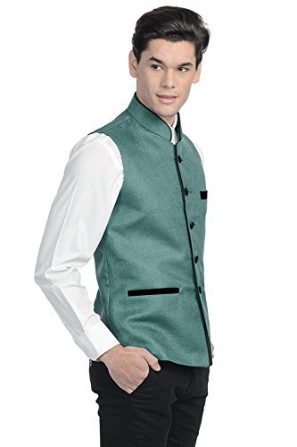 vastraa fusion men's blended bandhgala festive green nehru jacket / waistcoat