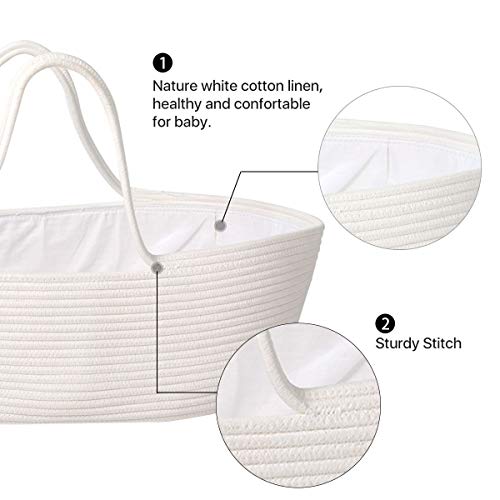 Goodpick Baby Moses Basket Soft Cotton Rope Basket for Newborn Baby - Nursery Cradle Bedding Basket - or Toys Basket Baby Laundry Blanket Basket with Cotton Lining and Handles, 25.6"L x 14.6W x 7.9"H - Thumbnail 2