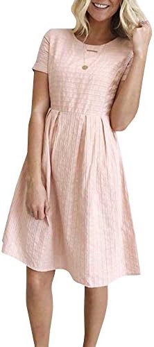 GAMISOTE Womens Stripe Eyelet Dress Casual High Waist Loose Knee Length Dress