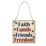 BESTOYARD Faith Family Friends Freedom Hanging Sign Patriotic Party Decoration Independece Day Wooden Plaque 4th of July Favor
