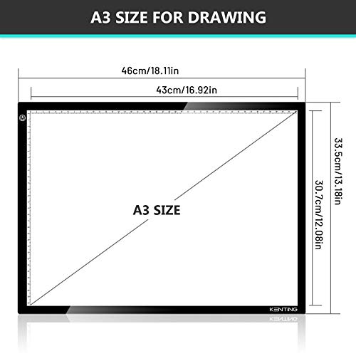KENTING A3 Drawing Light Board, USB Power Sketch Light Pad with Stepless Adjustable Brightness, Ultra-Thin 0.2inches Copy Board for Diamond Art, Tracing, Tattoo Drawing, Sketching, Animation, Drawing