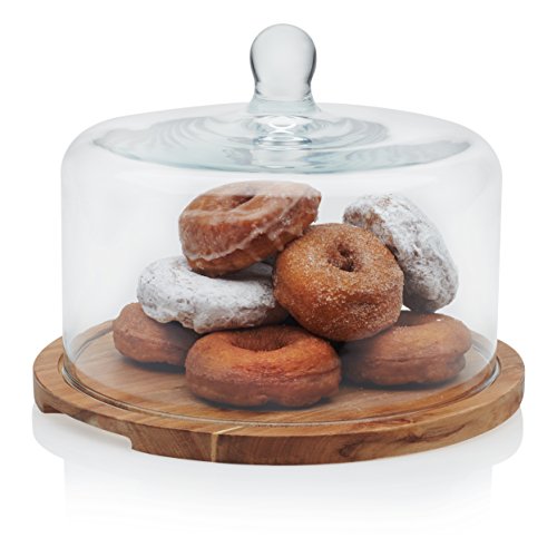 image for Libbey Acaciawood Flat Round Wood Server with Glass Dome, 11.75 inch W