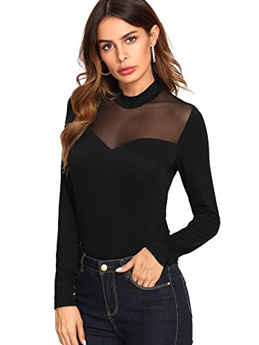 SheIn Women s Long Sleeves Slim Fit See-Through Mesh Top Large Black#