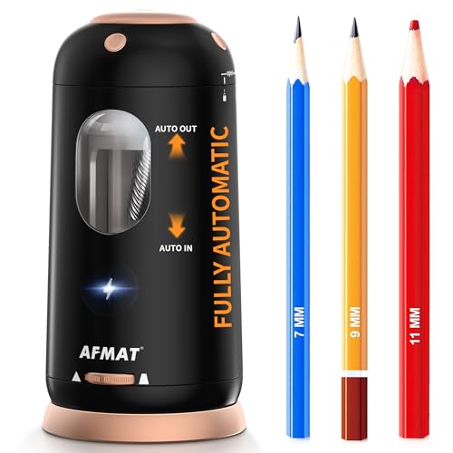 AFMAT PSC8 Electric Pencil Sharpener, Auto in & Out, Fully Automatic Pencil Sharpener, Rechargeable Hands-Free Sharpeners for Jumbo & Colored Pencils (7-11.5mm), Good for Classroom/Home/Office, Black