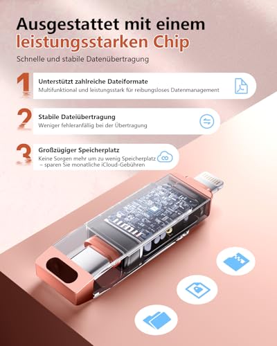 [Without App] USB Stick 512 GB for iPhone MFi Certified, Lncnnk 3 in 1 Flash Drive, Lightning USB 3.0 Memory Stick Photo Stick, USB C Stick for iPhone/iPad/OTG Android Mobile Phone/Mac/PC, Pink