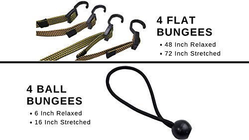Heavyweight Flat Bungee Cords 4 Pack with Bonus 4 Ball Bungees | 48" INCH Total Length with Adjustable Length Hooks | Hand Carts, Dolly, Cargo, Moving, Camping, RV, Trunk, Luggage Rack, Tarp Tie Down
