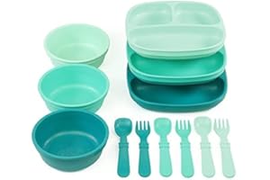 RE-PLAY Re Play Made in USA - 3 Meals a Day Set - 3 Divided Plates, 3 Sets of Utensils - BPA Free, Made from Eco-Friendly Recycled Milk Jugs - Seaglass with 3 Wide Base Bowls