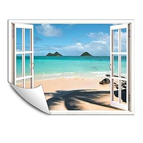 Wall Murals for Bedroom Fake Window Beach White Window Removable Wallpaper Peel and Stick Wall Stickers - 24x32 inches