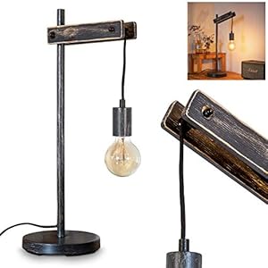 Tafellamp Aarhus donker houten touw metaal zwart retro bureaulamp met kabelschakelaar voor 1 x E27 max. 60 watt…