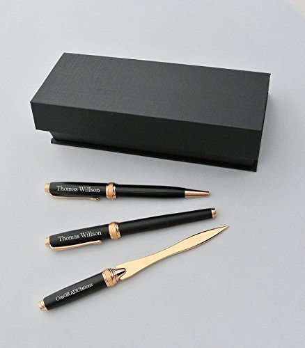 Personalized Black & Gold Ball Point, Roller Ball and Letter Opener pen set Custom Engraved FREE