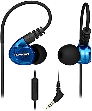 Wired Sweatproof Sport Running Earbuds Headphones With Microphone and Remote Over Ear In Ear Noise Isolating Ear Buds Workout Jogging Earphones for iPhone iPod iPad Android Samsung Cell Phones Blue