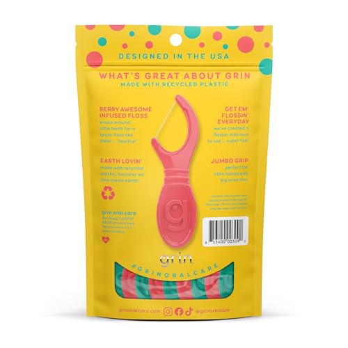 GRIN KIDDO FLOSSERS, BERRY AWESOME FLAVOR, RECYCLED PLASTIC, JUMBO GRIP, GET YOUR KIDDOS FLOSSIN’ EARLY, LARGER FLOSS HEAD, CHILD SAFE! 80 COUNT, FLOSS PICKS, DENTAL FLOSSERS